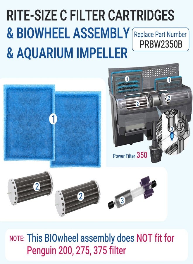 Trdzi Aquarium Filter Cartridges Kit For Marineland Penguin Power Filters 350 Includes Aquarium Impeller, Rite Size C Filter Cartridges, Biowheel Filter for Fish Tank Multiple Stage Filtration, PRBW2350B - Image 3